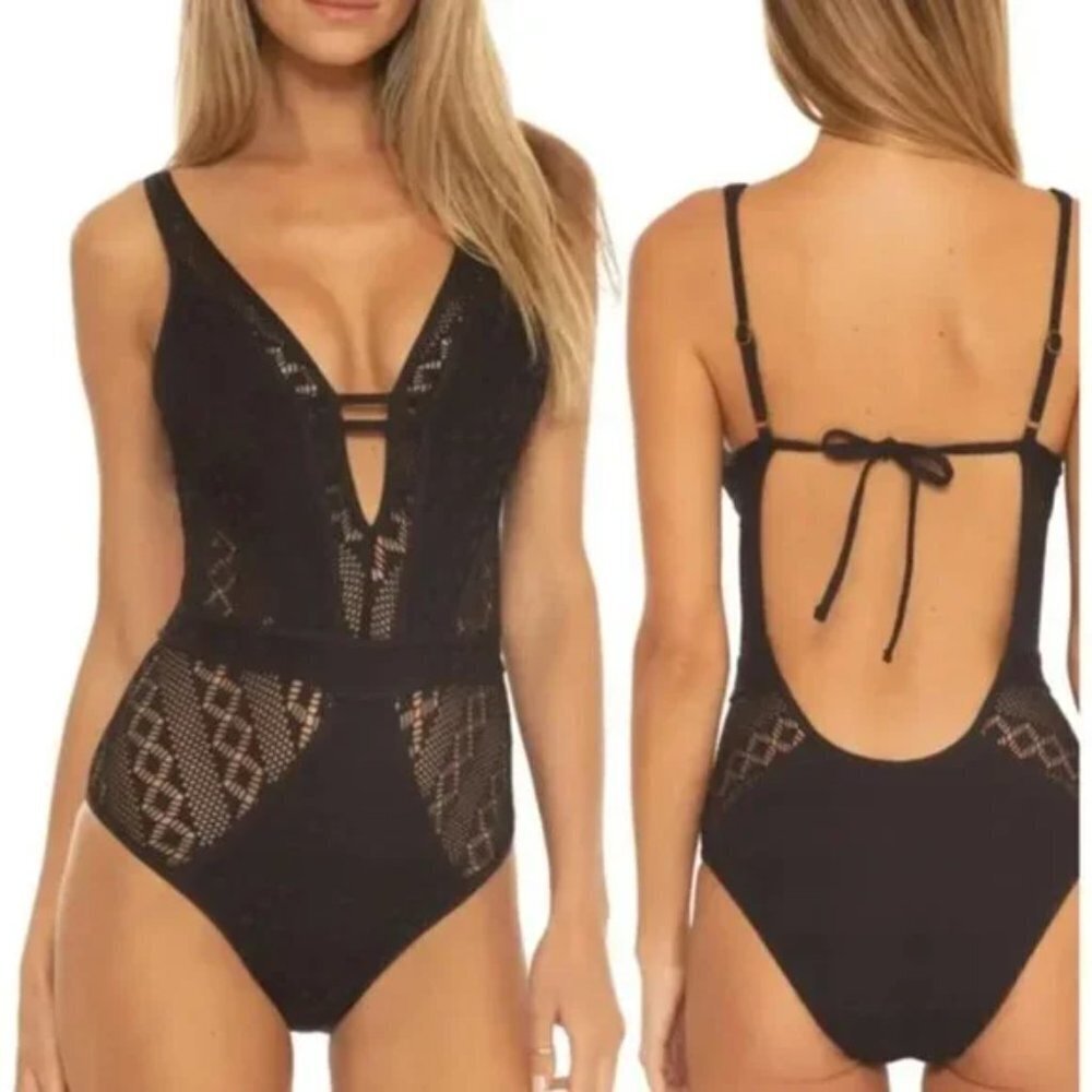 BECCA One-Piece Crochet Plunge V-Neck Swimsuit Black